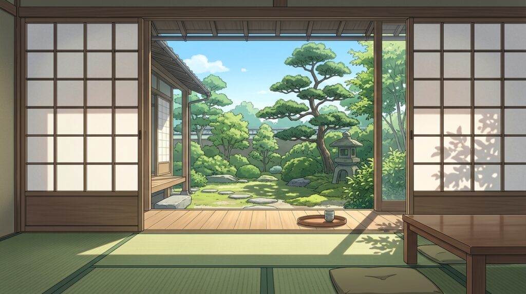 縁側のある和室の背景イラスト(昼)