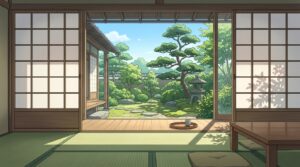 縁側のある和室の背景イラスト（昼）