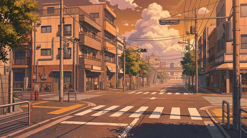 横断歩道のある交差点の背景イラスト（夕方）