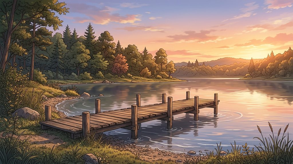 湖畔の桟橋の背景イラスト(夕方)