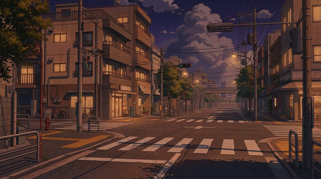 横断歩道のある交差点の背景イラスト（夜）