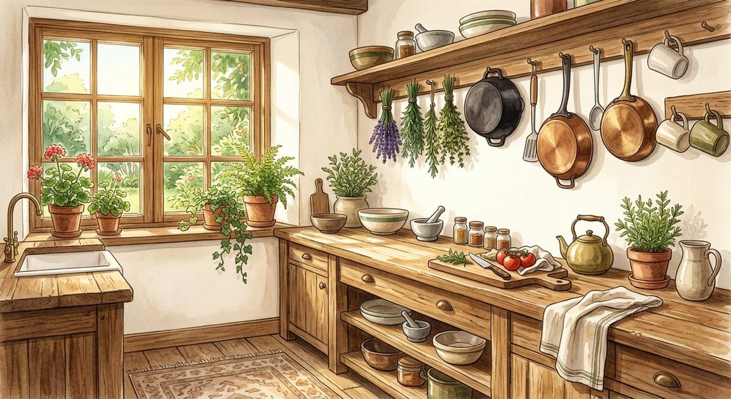 ナチュラルキッチン(木とハーブ)の背景イラスト(昼)