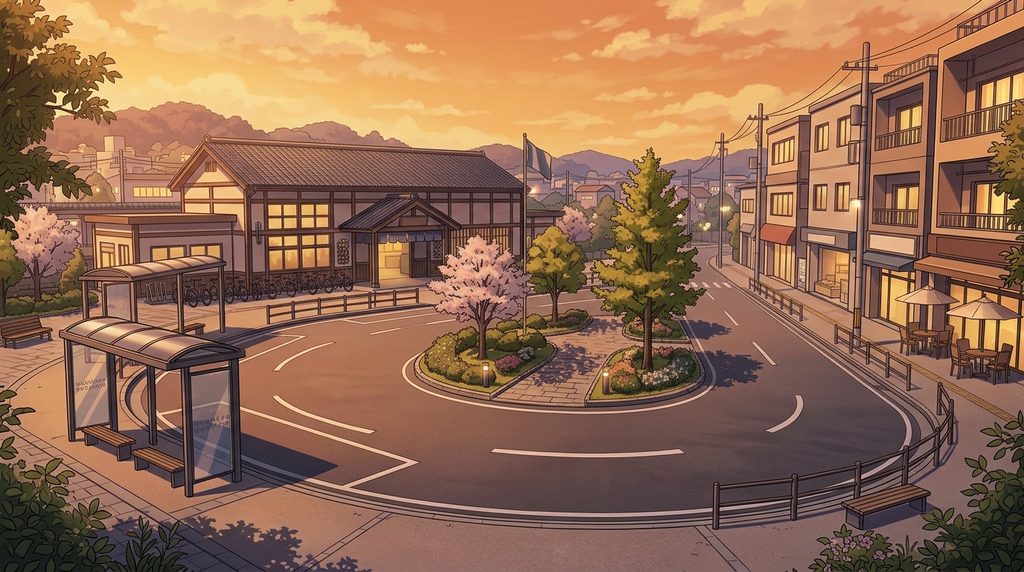 駅前のロータリーの背景イラスト（夕方）