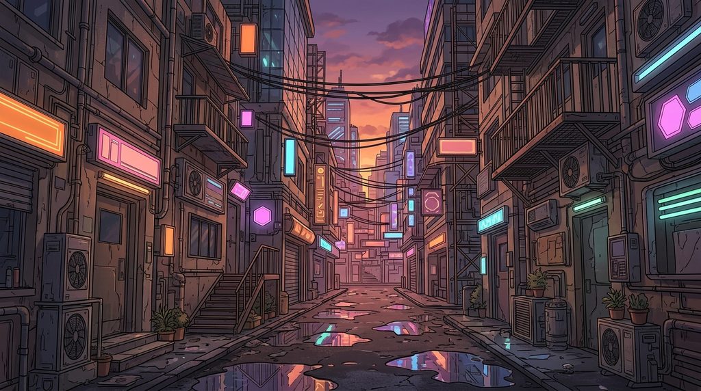 ネオン街の裏路地の背景イラスト(夕方)