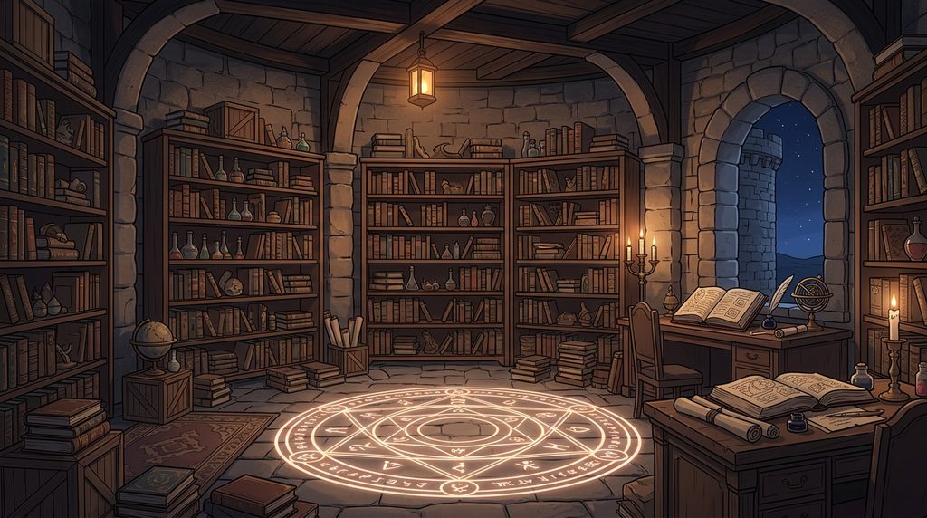 魔法使いの塔の書斎の背景イラスト(夜)