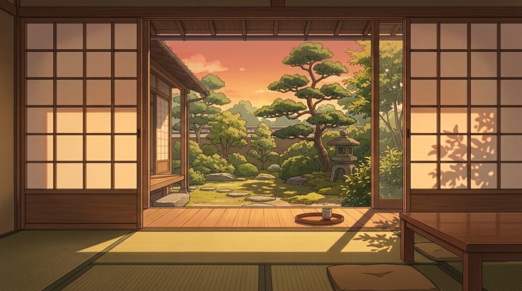 縁側のある和室の背景イラスト(夕方)