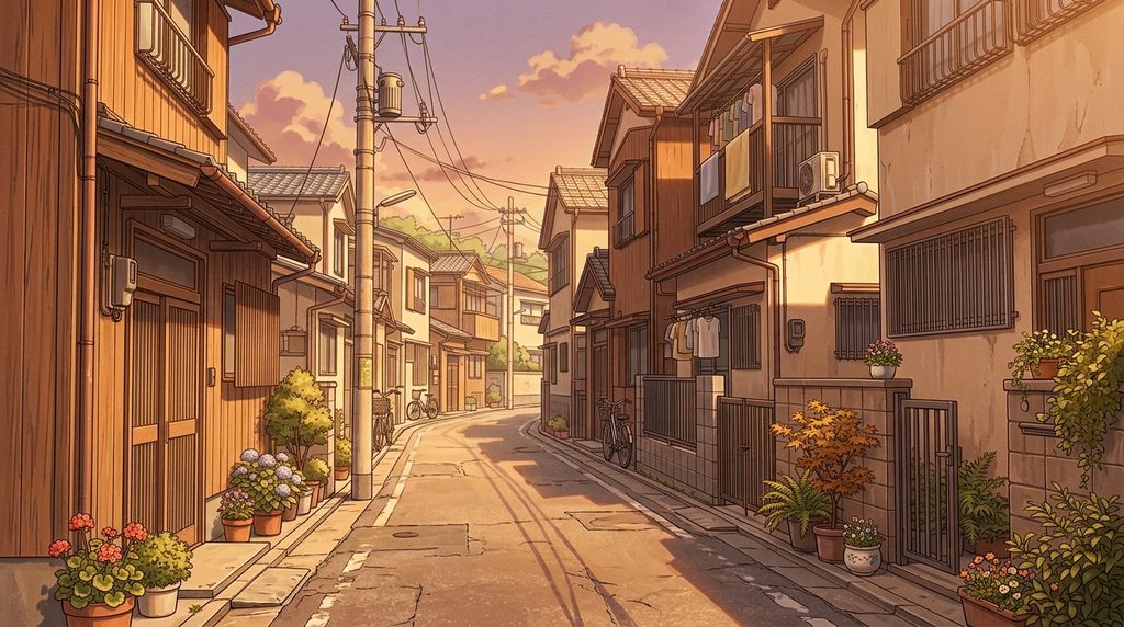 住宅街の路地の背景イラスト(夕方)