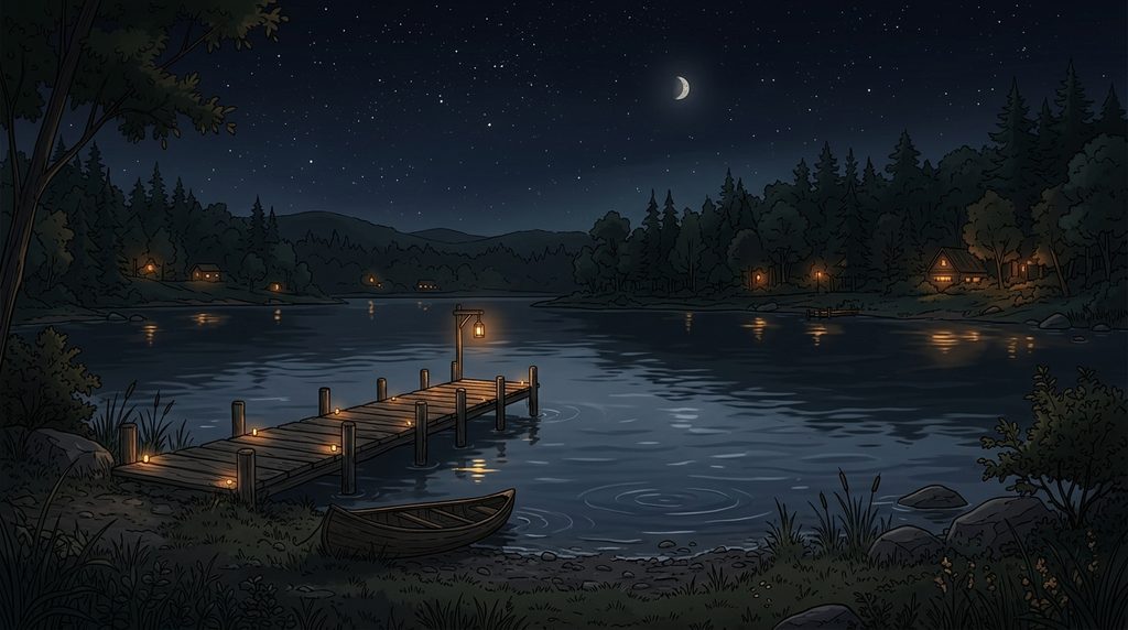 湖畔の桟橋の背景イラスト(夜)