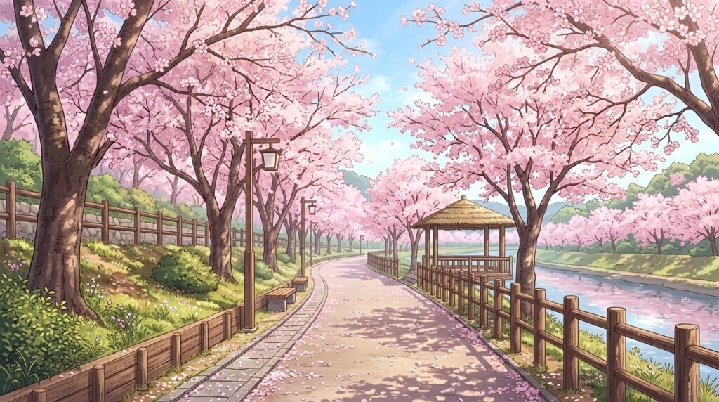 桜並木の遊歩道の背景イラスト(昼)