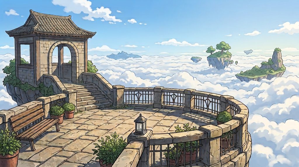 浮遊島の展望テラスの背景イラスト(昼)