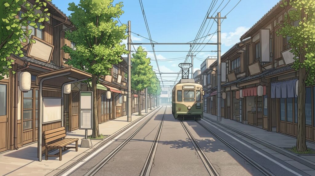 路面電車の走る通りの背景イラスト(昼)