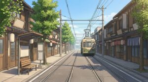 路面電車の走る通りの背景イラスト（昼）