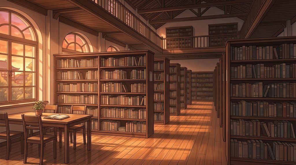 図書室の背景イラスト（夕方）