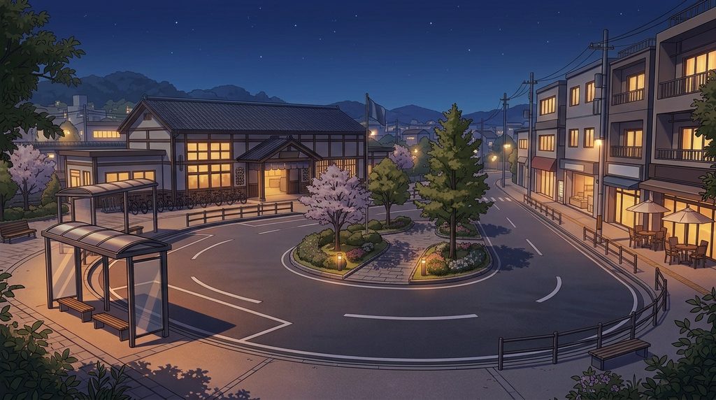 駅前のロータリーの背景イラスト（夜）