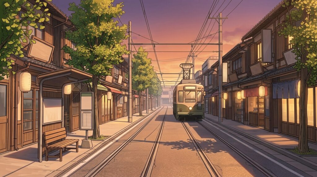 路面電車の走る通りの背景イラスト(夕方)