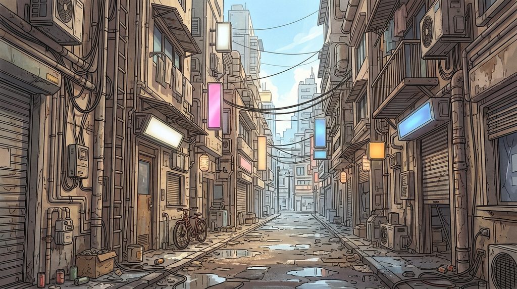 ネオン街の裏路地の背景イラスト(昼)