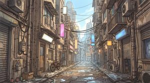 ネオン街の裏路地の背景イラスト（昼）