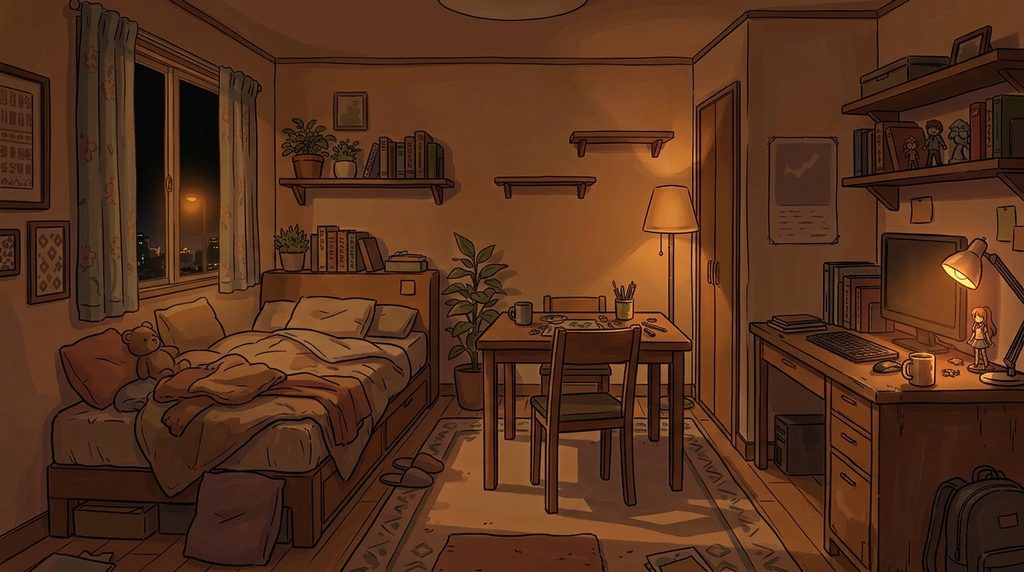 ワンルームの背景イラスト（夜）