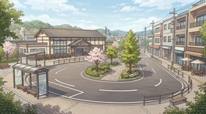 駅前のロータリーの背景イラスト（昼）