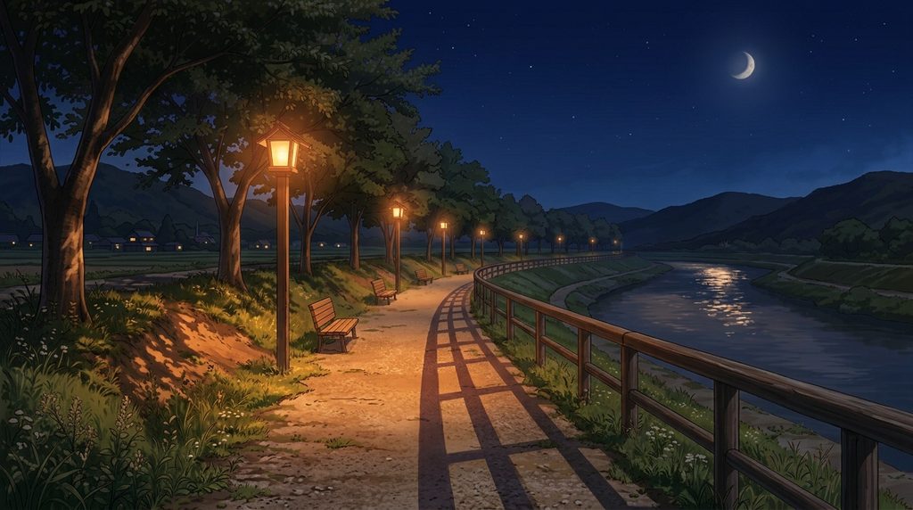 川沿いの土手の遊歩道の背景イラスト（夜）