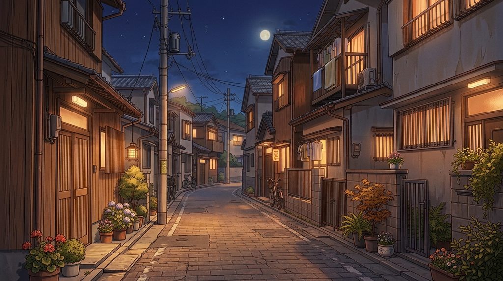 住宅街の路地の背景イラスト(夜)