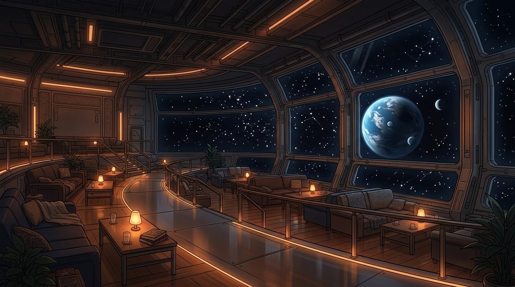 宇宙ステーションの観測ラウンジの背景イラスト（夜）