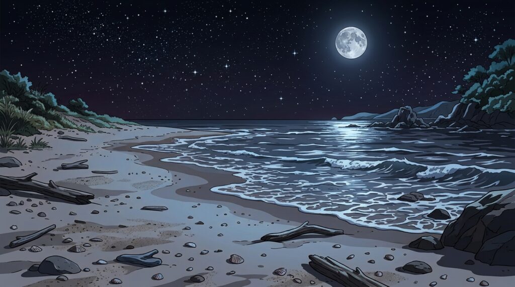 海辺の砂浜の背景イラスト(夜)
