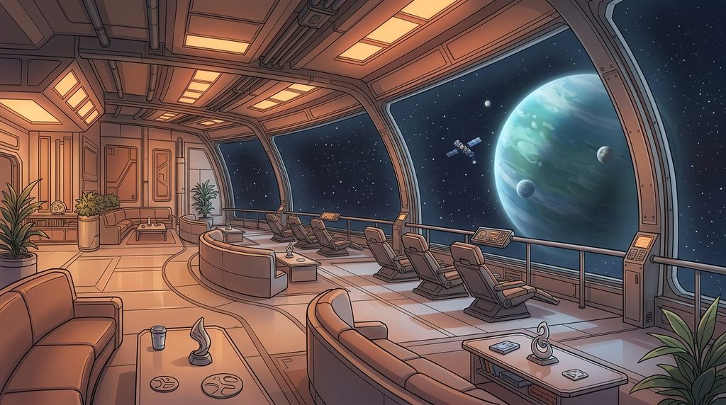 宇宙ステーションの観測ラウンジの背景イラスト（夕方）