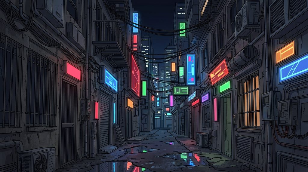 ネオン街の裏路地の背景イラスト(夜)