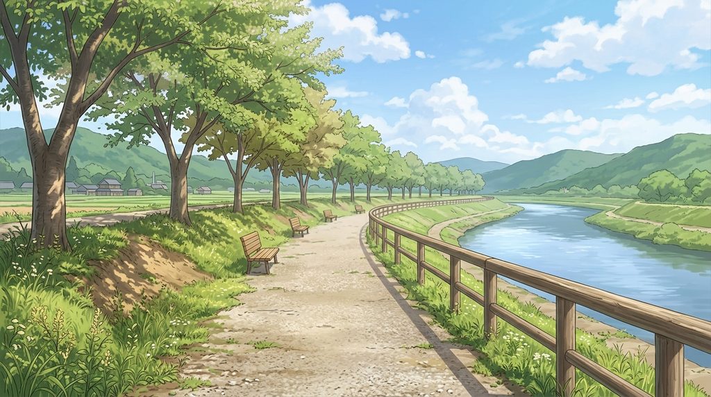 川沿いの土手の遊歩道の背景イラスト（昼）