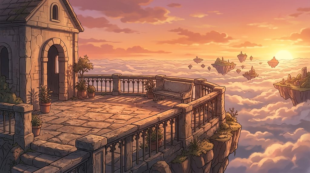 浮遊島の展望テラスの背景イラスト(夕方)