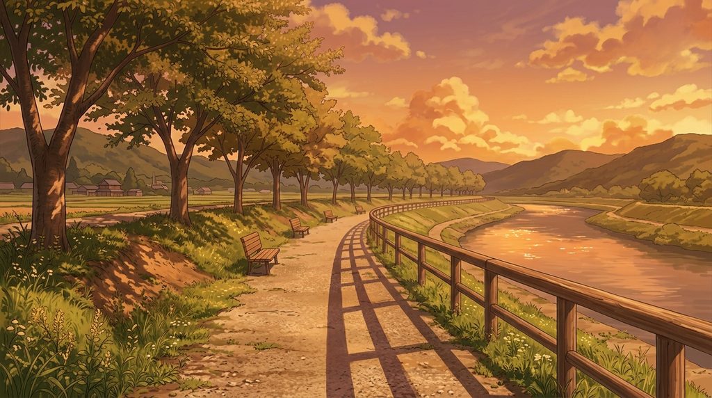 川沿いの土手の遊歩道の背景イラスト（夕方）