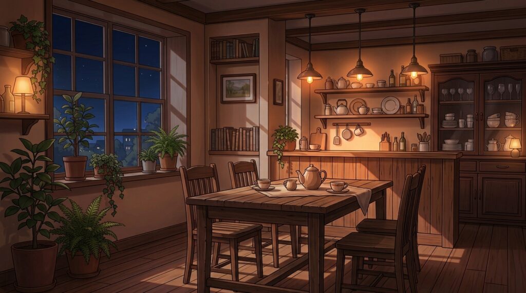 カフェ風ダイニングの背景イラスト（夜）
