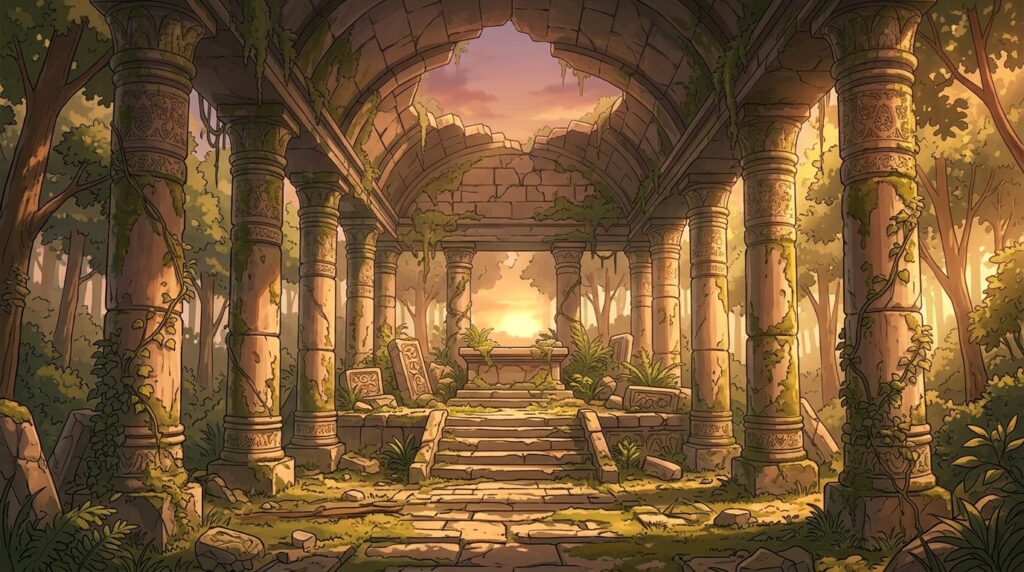 古代遺跡の神殿の背景イラスト(夕方)