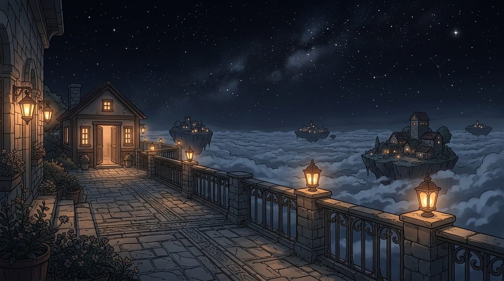 浮遊島の展望テラスの背景イラスト(夜)