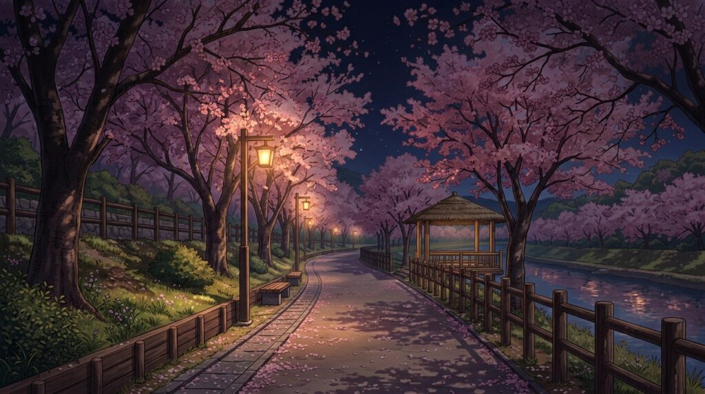 桜並木の遊歩道の背景イラスト(夜)