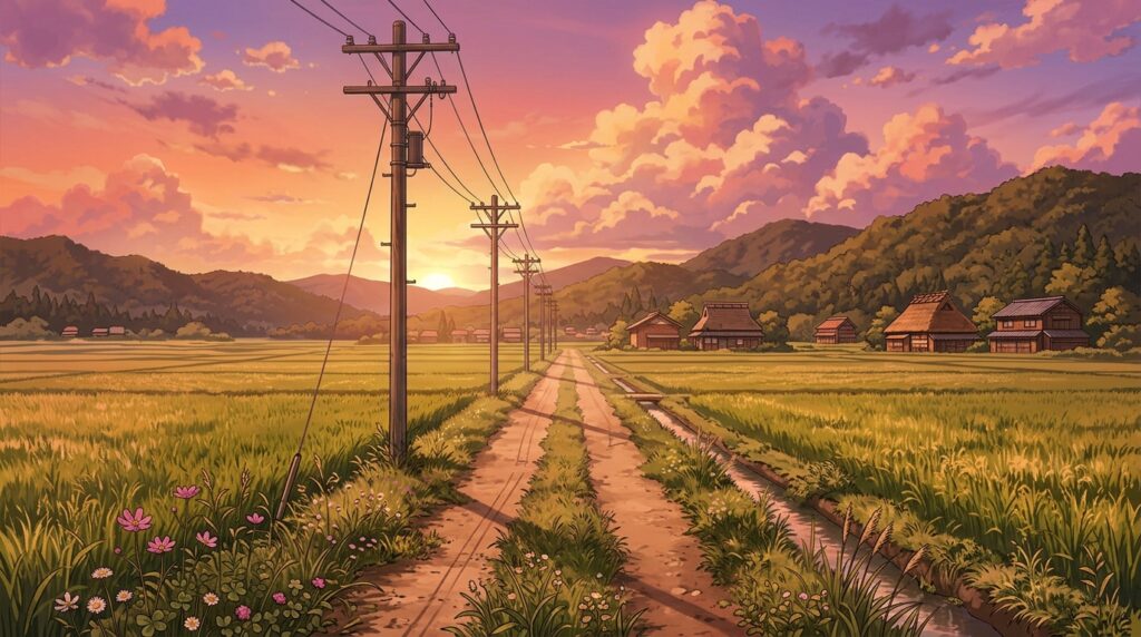 田んぼの畦道の背景イラスト(夕方)