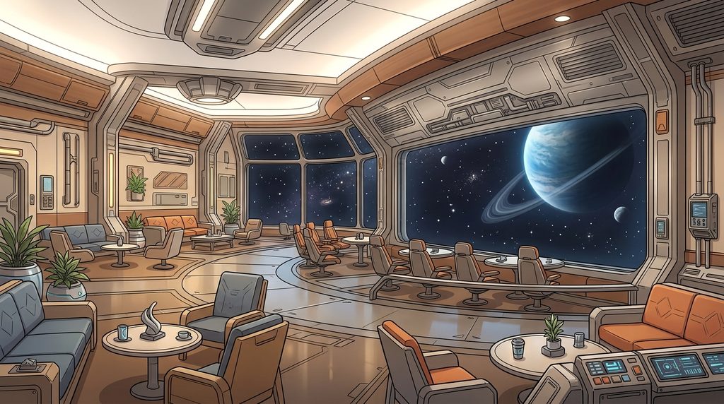 宇宙ステーションの観測ラウンジの背景イラスト（昼）