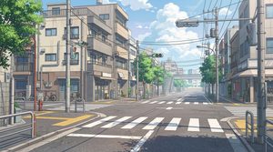 横断歩道のある交差点の背景イラスト（昼）