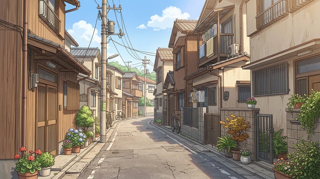 住宅街の路地の背景イラスト(昼)