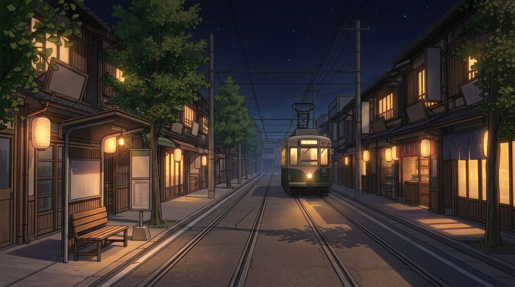 路面電車の走る通りの背景イラスト(夜)