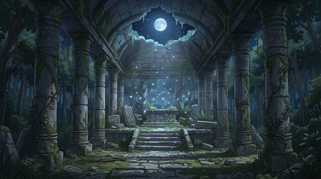 古代遺跡の神殿の背景イラスト(夜)