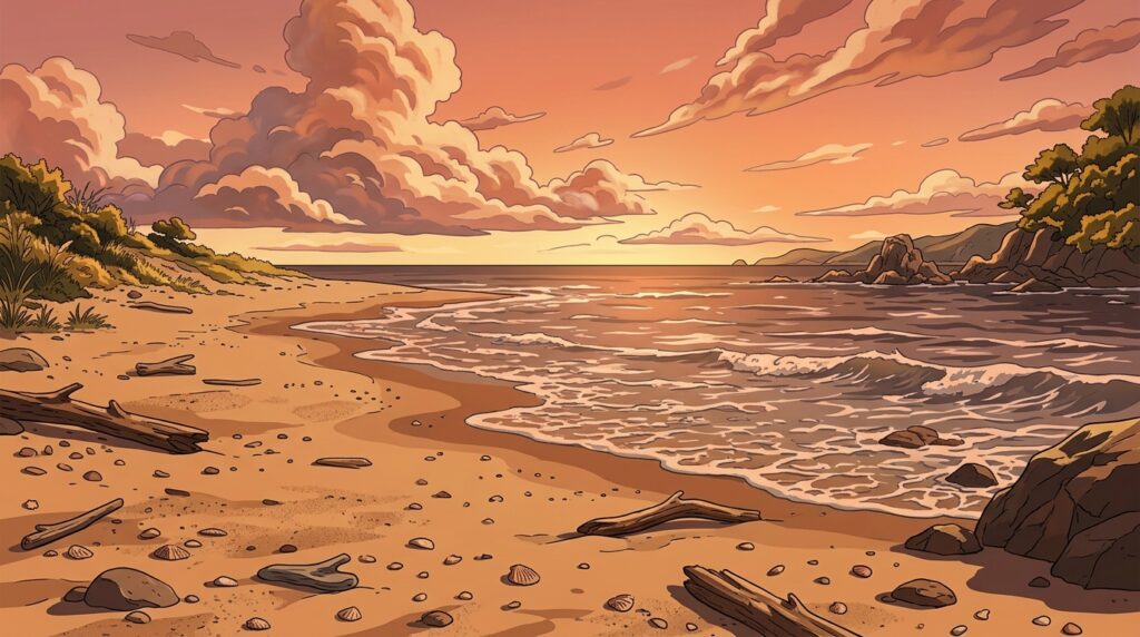 海辺の砂浜の背景イラスト(夕方)