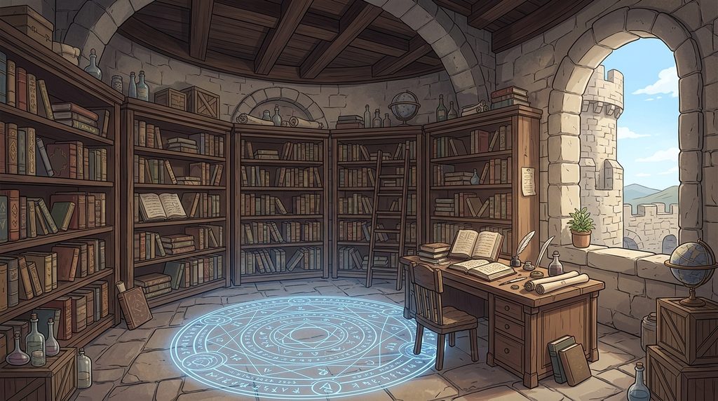 魔法使いの塔の書斎の背景イラスト(昼)