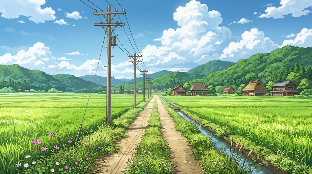田んぼの畦道の背景イラスト(昼)