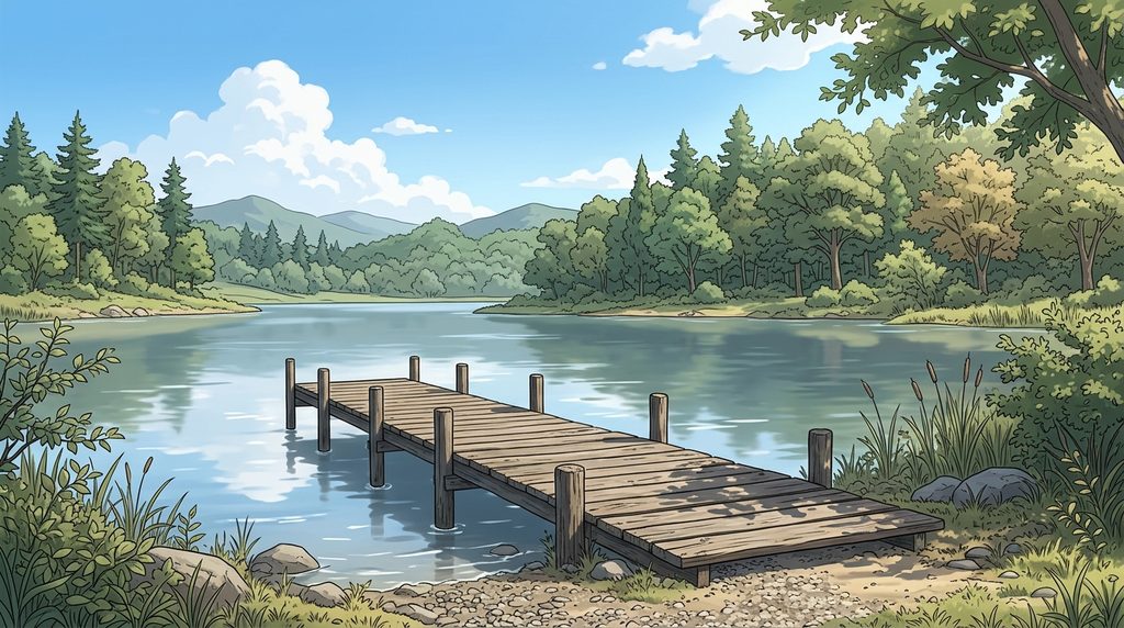 湖畔の桟橋の背景イラスト(昼)