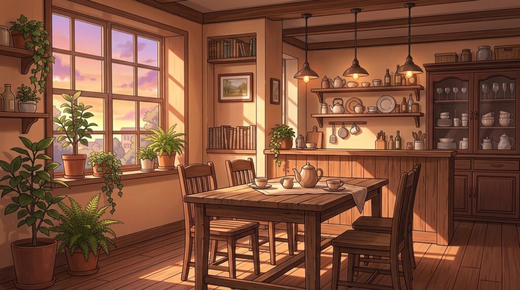 カフェ風ダイニングの背景イラスト（夕方）