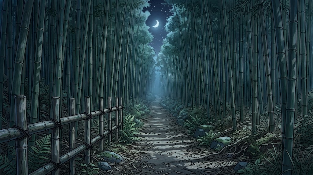 竹林の小道の背景イラスト(夜)