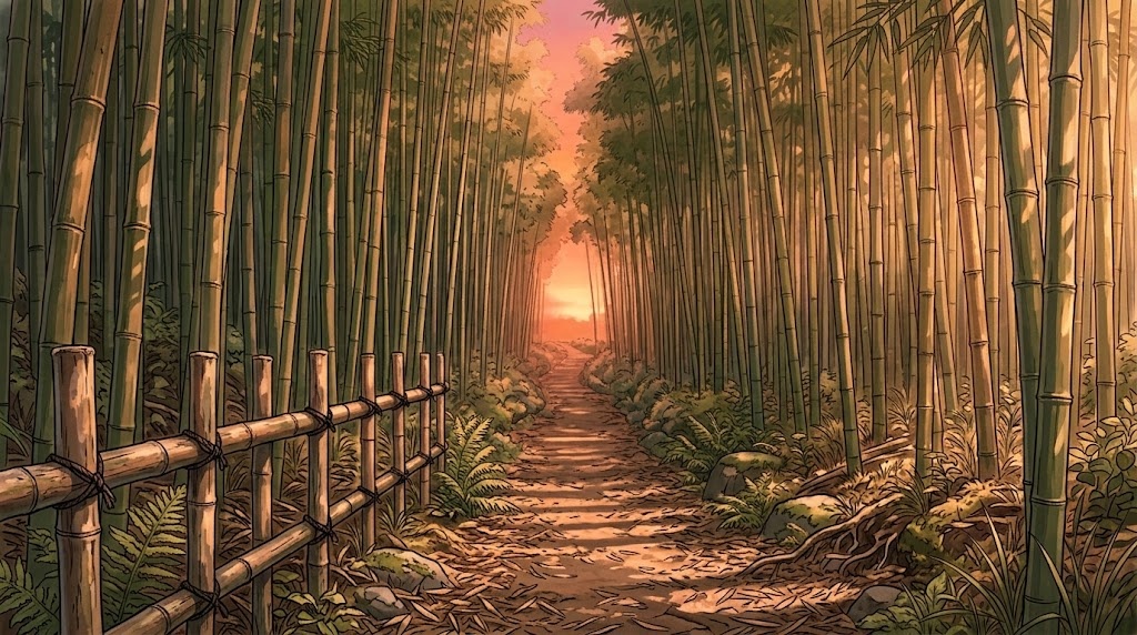 竹林の小道の背景イラスト(夕方)