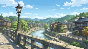 橋の上からの夕景の背景イラスト（昼）